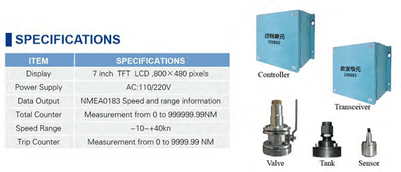 스피드 로그 구성 장비 사양 — Controller(DS992), Transceiver(DS993), Valve, Tank, Sensor